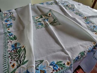 Unusual Vintage Hand Embroidered Tablecloth With Heavy Flower Bands,  Gold Thread