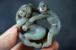 Chinese Old Jade Carved Sexy Men&women People Art Statue/pendant J2