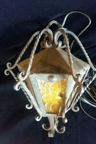 Vintage Black Wrought Iron Yellow Glass Spanish Medeival Gothic Hanging Light