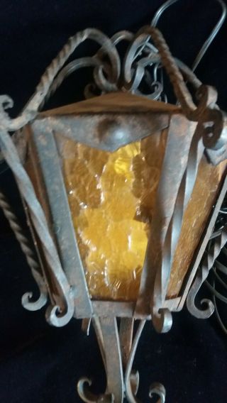 Vintage Black Wrought Iron Yellow Glass Spanish Medeival Gothic Hanging Light 2