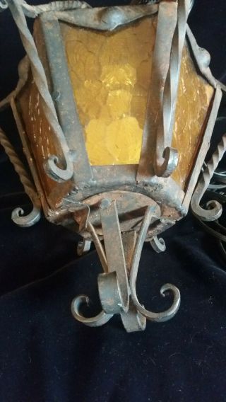Vintage Black Wrought Iron Yellow Glass Spanish Medeival Gothic Hanging Light 3