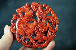 Exquisite Chinese Old Jade Carved Two - Sided Horse/monkey/dragon Pendant J2
