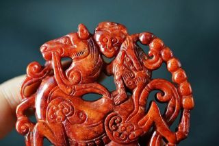 Exquisite Chinese old Jade Carved Two - Sided Horse/Monkey/dragon Pendant J2 4