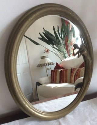 Vintage Brass Stunning Art Deco Oval Wall Hanging Mirror 27.  5 X 34cm Unpolished