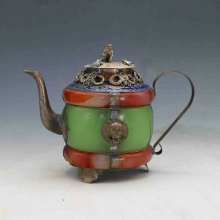 Chinese Handwork Old Jade Bracelet Inlaytibet Silver Dragon Teapot &monkey Lid