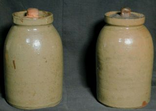Pair Antique Pale Green American Stoneware Crock Jug Jars Lids Southern