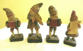 Vintage (4) Hand - Carved Painted Wooden Gnomes Standing Figurines - Folk Art - L - 4 "