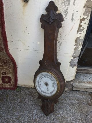Antique Carved Oak Wall Barometer With White Enamel Face - Needs Tlc