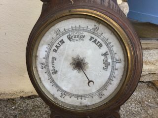 Antique Carved Oak Wall Barometer With White Enamel Face - Needs Tlc 3