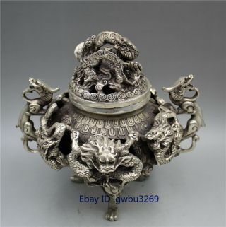 Chinese Tibetan Silver Hand Carved 9 Dragon Incense Burner W Marks
