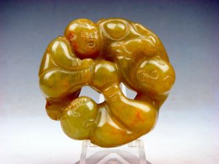 Old Nephrite Jade Carved Pendant Sculpture 3 Baby Boys At Play 05111911
