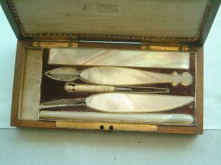 Antique Medical Instrument Fleam Blood letting Tool in Walnut inlayed box 2
