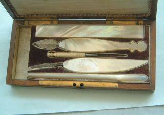 Antique Medical Instrument Fleam Blood letting Tool in Walnut inlayed box 8
