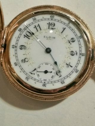 Elgin 6 Size 7 Jewels Fancy Dial Grade 286 Gold Filled Hunter Case.