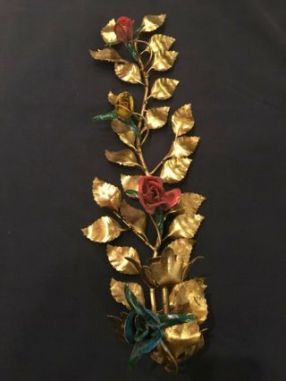 Vintage Italian Gilt Tole Wall Sconce Candleholder Roses 21 " Long