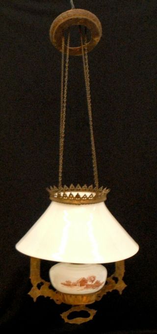 VICTORIAN BRASS HANGING OIL LAMP W/ SCENIC FONT 2