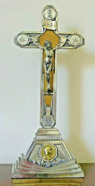 French Art Deco Silver Plated Standing Jesus Cross / Crucifix - Vgc