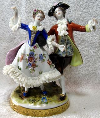 Exceptional Volkstedt Porcelain Dresden Lace Dancing Couple Group Figurine