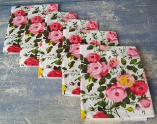 5 X Vintage French Linen Tea Towels Roses Print Torchons Serviettes Bouquet