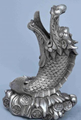 Old Collectable Souvenir Miao Silver Carve Exorcism Dragon Fish Jump Wave Statue