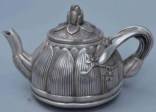 Collectable Handwork Decor Miao Silver Carve Beauty Lotus Buddhism Noble Tea Pot