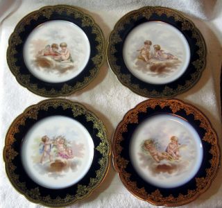 Set Of 4 Antique Paris Porcelain Portrait Plates With Cherub Putti In Clouds