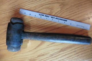 Antique Wood Faced Hammer Mallet Primitive Cast Iron vintage ? leather tool ? 2