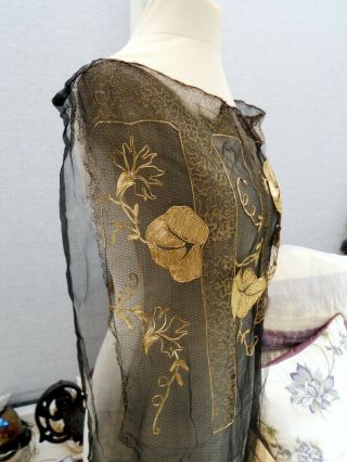 Antique 1920s Gold Colour Embroidery Tabard Style Dress Front On Silk Chiffon