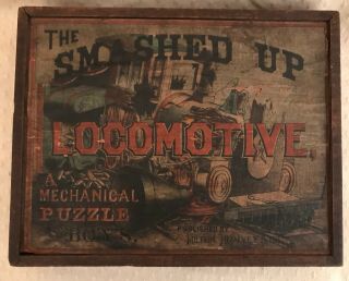 Victorian Mechanical Puzzle Smashed Up Locomotive Milton Bradley Co Train Wood