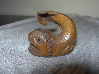 Netsuke Fish Figurine Boxwood Japanese Hand Carved Handmade Carving Signed