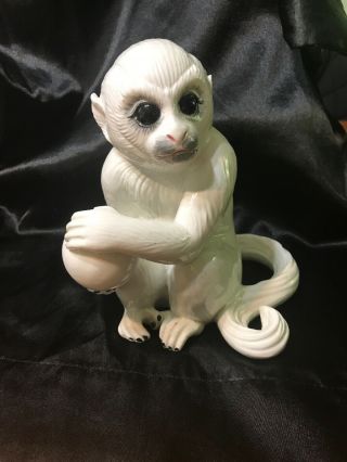 Magnificent Ceramic Porcelain White Capuchin Monkey Holding Ball With Markings