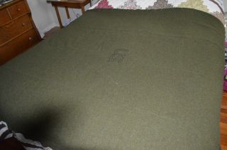 VINTAGE OLIVE GREEN WOOL UNITED STATES MILITARY ARMY BLANKET 66W X 84L 2