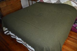 VINTAGE OLIVE GREEN WOOL UNITED STATES MILITARY ARMY BLANKET 66W X 84L 3
