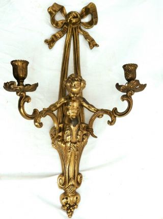 Very Large Vintage Gold Gilded Brass Cherub Old French Wall Sconce Candle 22x12 "
