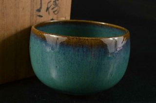 S2256: Japanese Kiyomizu - Ware Green Glaze Tea Bowl Green Tea Tool W/signed Box