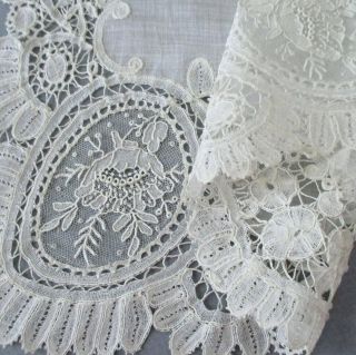 Antique Handmade Brussels With Point De Gaze Lace Wedding Handkerchief Roses