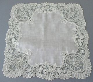 Antique Handmade BRUSSELS with POINT de GAZE LACE WEDDING Handkerchief ROSES 2