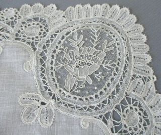 Antique Handmade BRUSSELS with POINT de GAZE LACE WEDDING Handkerchief ROSES 4