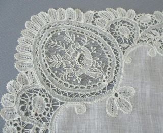 Antique Handmade BRUSSELS with POINT de GAZE LACE WEDDING Handkerchief ROSES 5