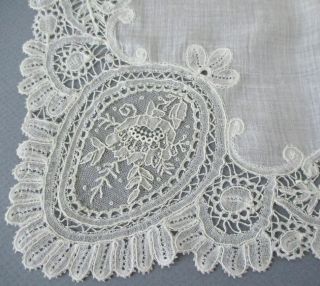 Antique Handmade BRUSSELS with POINT de GAZE LACE WEDDING Handkerchief ROSES 6