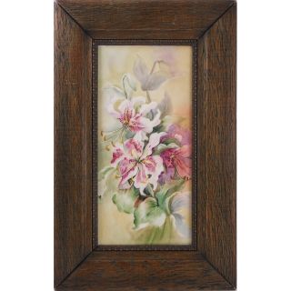 Antique Hand - Painted Tile,  " Lilies " Floral,  Gloss Glaze - Arts & Crafts Frame