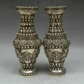 China White Copper Two Flower Ruyi Aquarius Bottle Pot Vase Pair Bronze Statue
