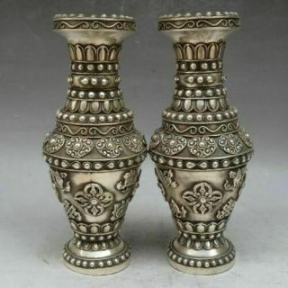 China White Copper Two Flower Ruyi Aquarius Bottle Pot Vase Pair Bronze Statue 2