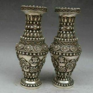 China White Copper Two Flower Ruyi Aquarius Bottle Pot Vase Pair Bronze Statue 3