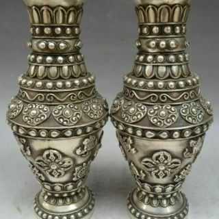 China White Copper Two Flower Ruyi Aquarius Bottle Pot Vase Pair Bronze Statue 4