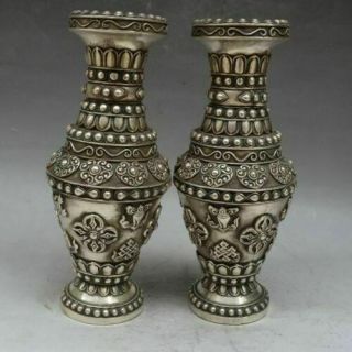 China White Copper Two Flower Ruyi Aquarius Bottle Pot Vase Pair Bronze Statue 5