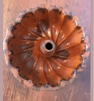 Antique Primitive Baking Dish Glazed Redware Pottery Cake Bundt Mold Pan C1850