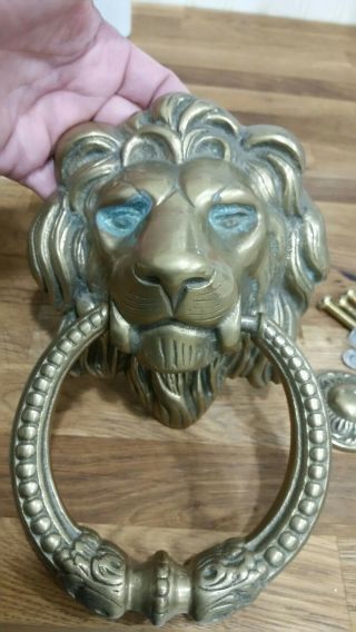 Vintage Solid Brass Lion Head Door Knocker with Strike Plate and Screws 2
