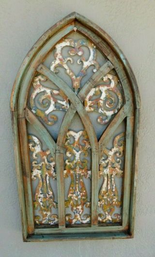 Wooden Antique Style Church Window Frame Primitive Wood Gothic 31 " Green