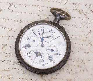 Antique Astronomical TRIPLE DATE & MOON PHASE Pocket Watch 2